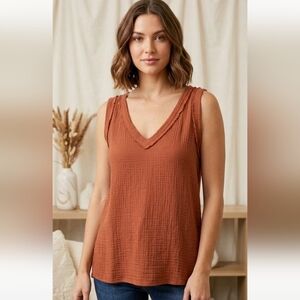 Amei + Co Terracotta Rust 100% Cotton V-Neck Gauze Tank Top Boutique Brown